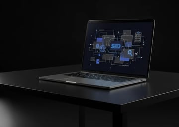 Modern black laptop on a dark glossy table, displaying abstract graphics and SEO icons, illustrating digital strategy and Google October 2025 update for Quebec SMEs.